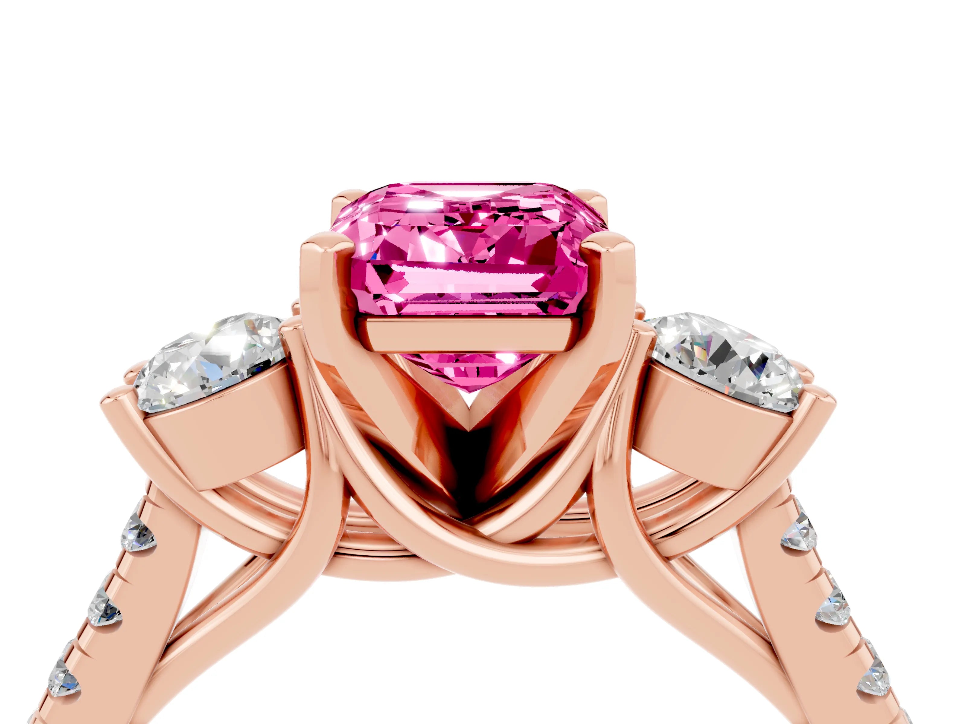 Rose gold Three-Stone Emerald Cut Pink Sapphire Pavé Band with Four-Prong Setting_28