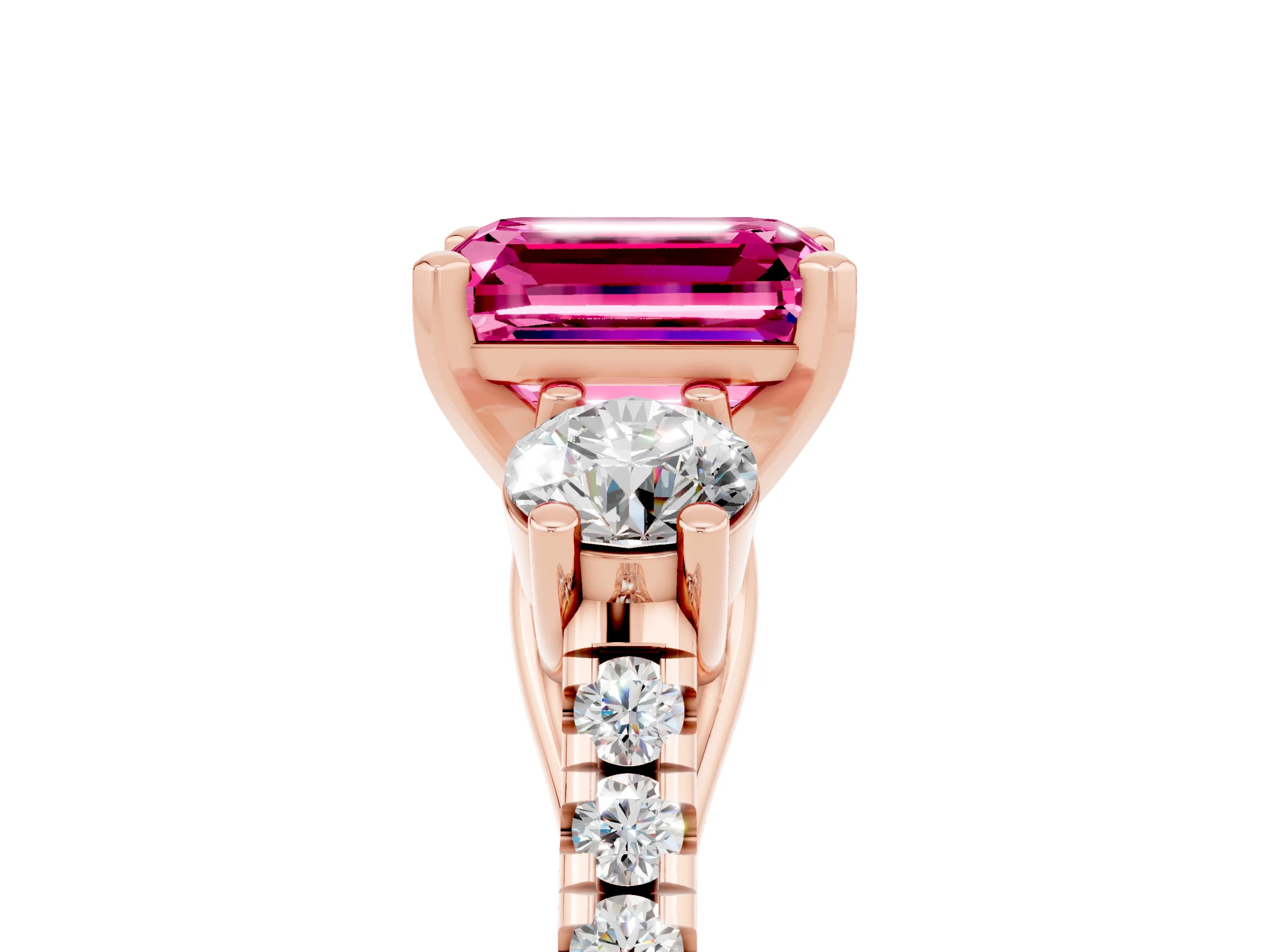 Rose gold Three-Stone Emerald Cut Pink Sapphire Pavé Band with Four-Prong Setting_29