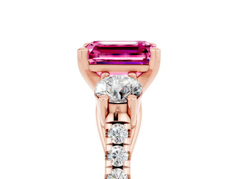 Rose gold Three-Stone Emerald Cut Pink Sapphire Pavé Band with Four-Prong Setting_29