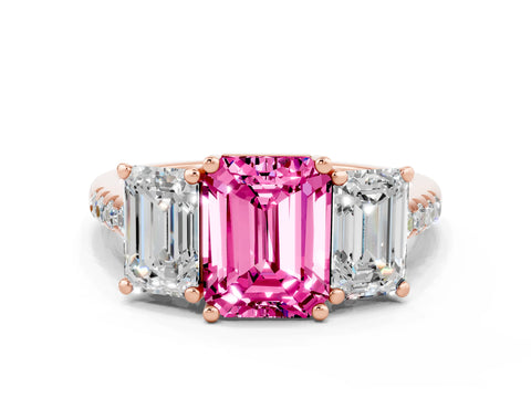 Rose gold Three-Stone Emerald Cut Pink Sapphire Ring with Pavé Band and Prong Setting_36