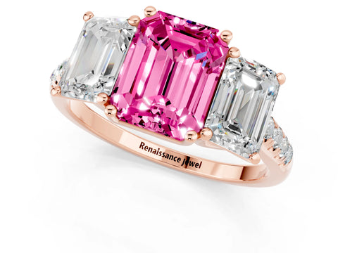 Rose gold Three-Stone Emerald Cut Pink Sapphire Ring with Pavé Band and Prong Setting_37