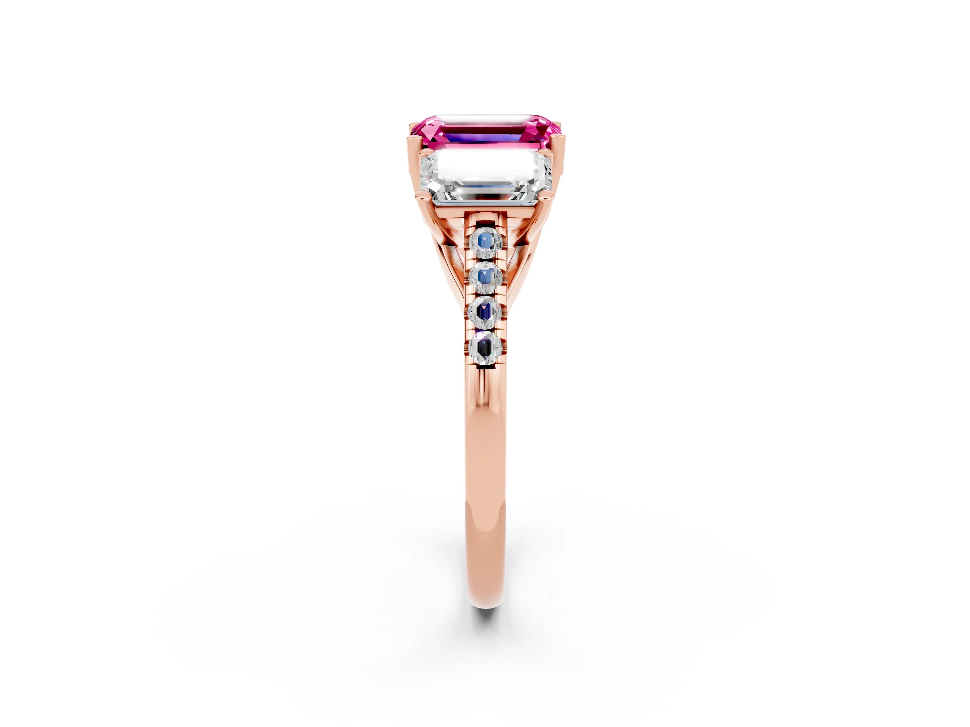 Rose gold Three-Stone Emerald Cut Pink Sapphire Ring with Pavé Band and Prong Setting_38