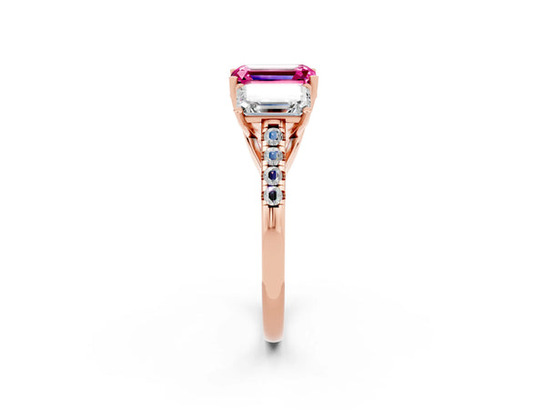 Rose gold Three-Stone Emerald Cut Pink Sapphire Ring with Round  Pavé Band and Prong Setting