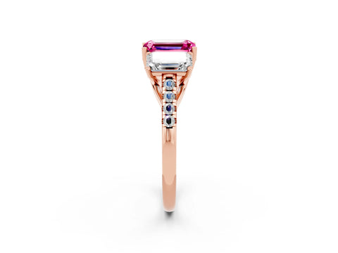Rose gold Three-Stone Emerald Cut Pink Sapphire Ring with Pavé Band and Prong Setting_38