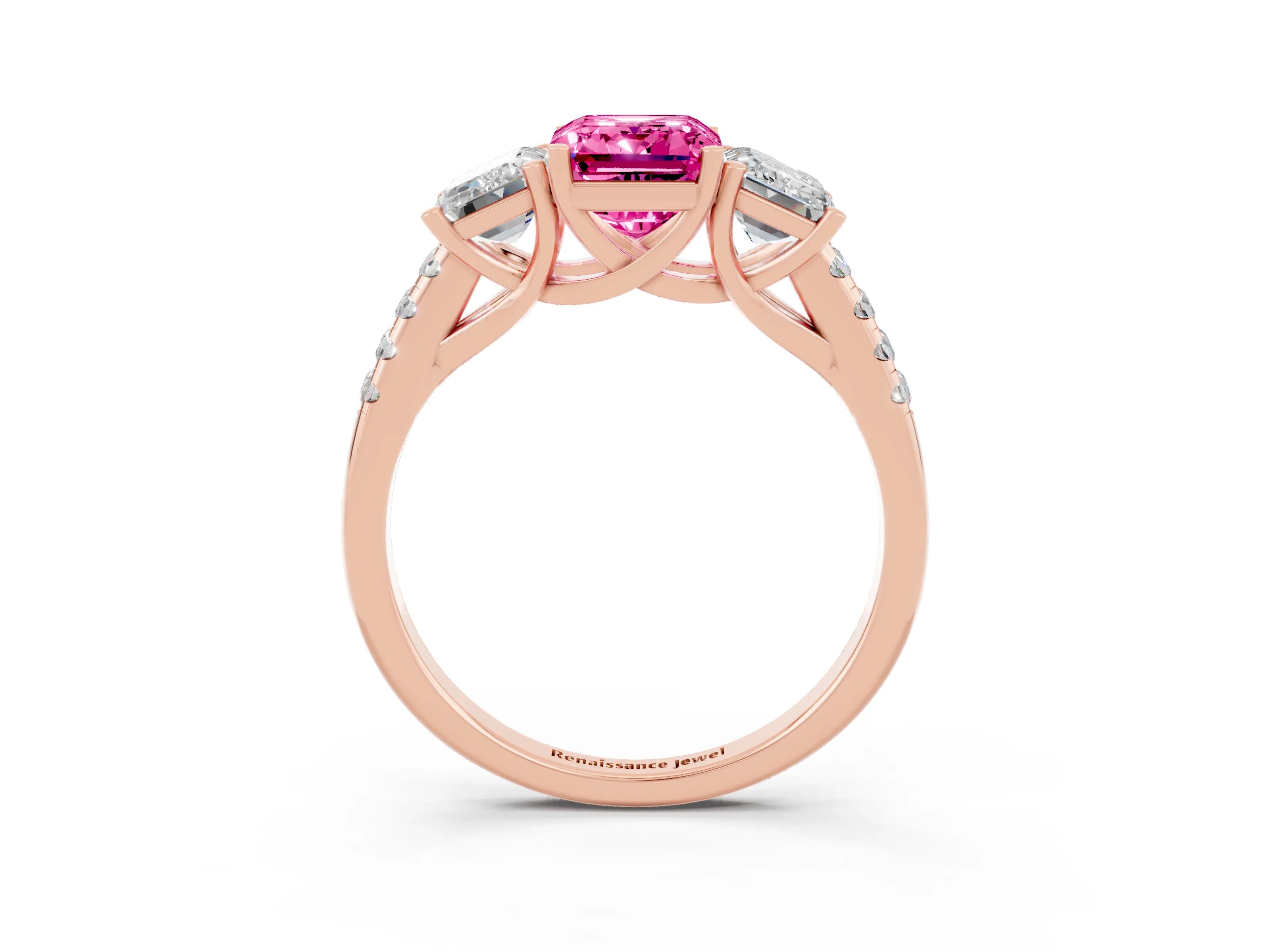 Rose gold Three-Stone Emerald Cut Pink Sapphire Ring with Pavé Band and Prong Setting_39