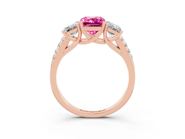 Rose gold Three-Stone Emerald Cut Pink Sapphire Ring with Round  Pavé Band and Prong Setting