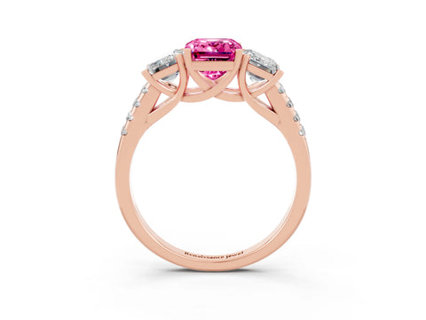 Rose gold Three-Stone Emerald Cut Pink Sapphire Ring with Pavé Band and Prong Setting_39