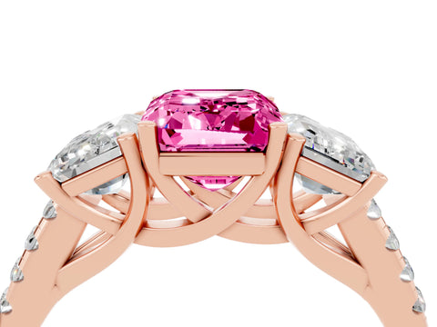 Rose gold Three-Stone Emerald Cut Pink Sapphire Ring with Pavé Band and Prong Setting_40