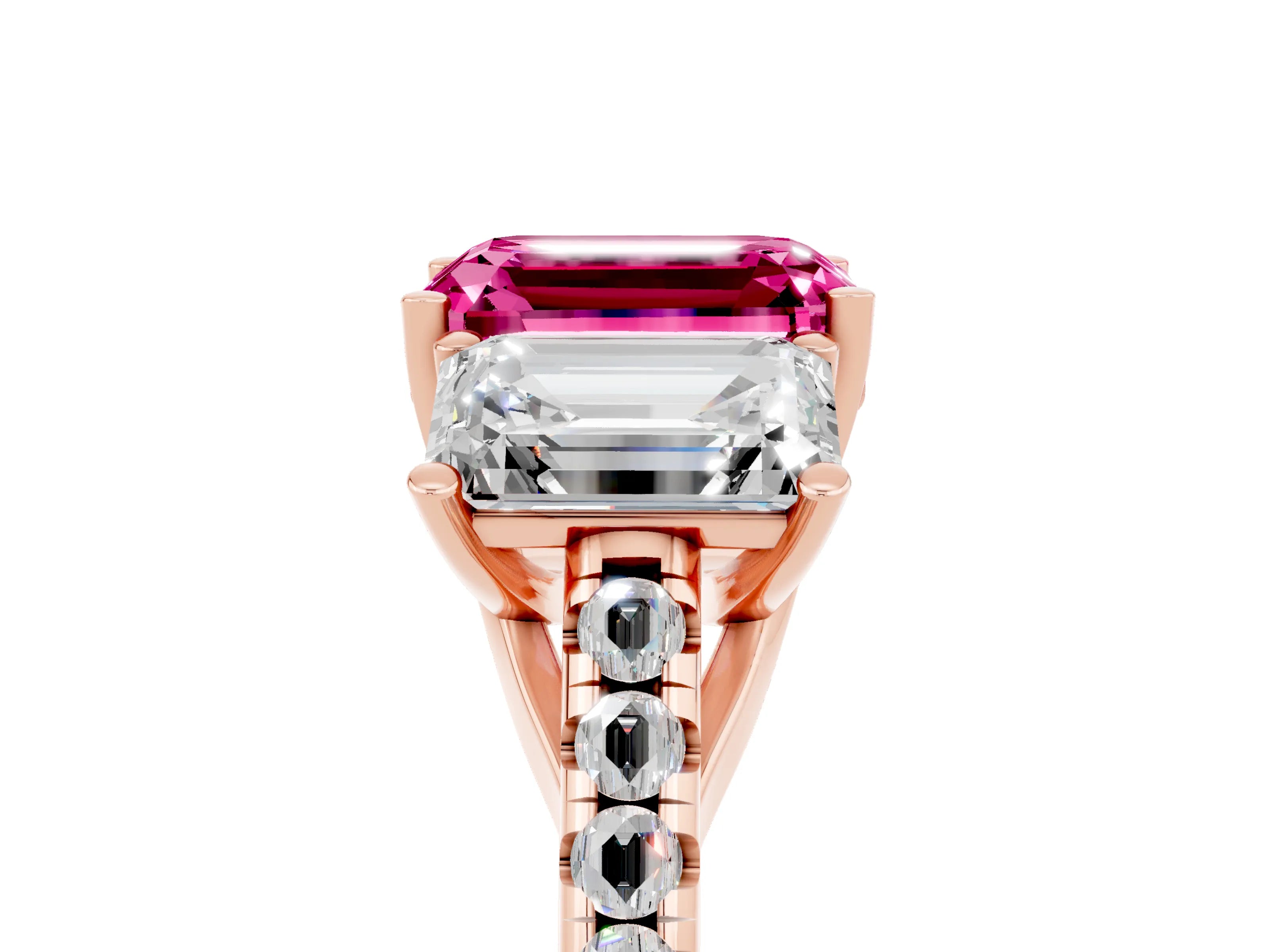 Rose gold Three-Stone Emerald Cut Pink Sapphire Ring with Pavé Band and Prong Setting_41