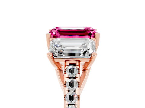 Rose gold Three-Stone Emerald Cut Pink Sapphire Ring with Pavé Band and Prong Setting_41