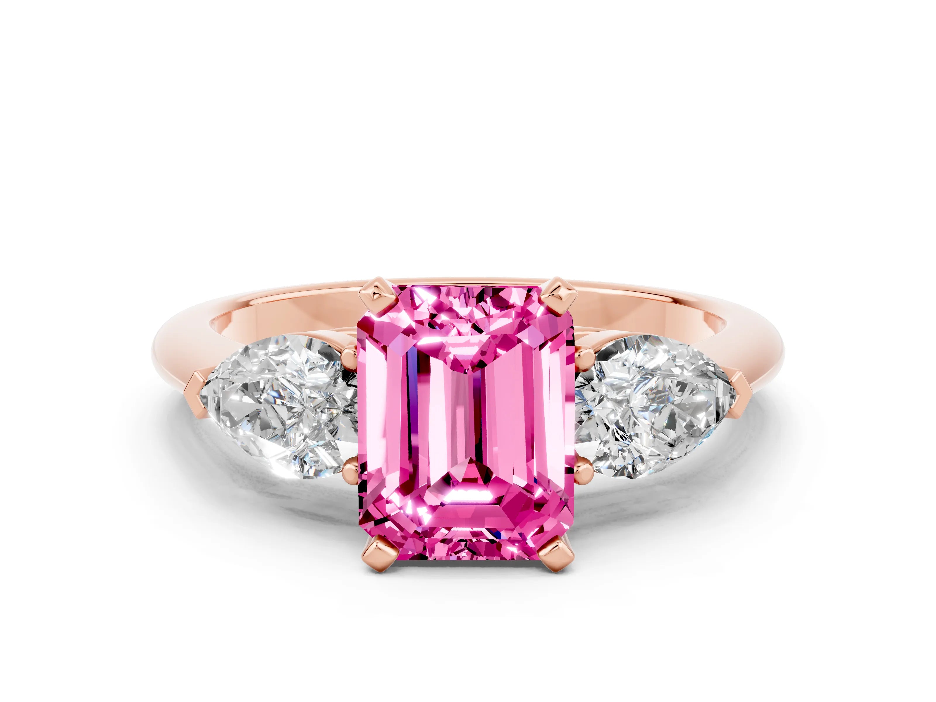 Rose gold Three-Stone Emerald Cut Pink Sapphire Ring with Pear Side Stones and Four-Prong Setting_24