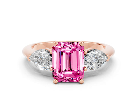 Rose gold Three-Stone Emerald Cut Pink Sapphire Ring with Pear Side Stones and Four-Prong Setting_24