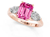 Rose gold Three-Stone Emerald Cut Pink Sapphire Ring with Pear Side Stones and Four-Prong Setting_25
