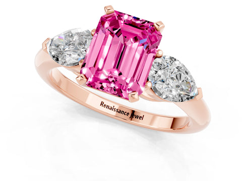 Rose gold Three-Stone Emerald Cut Pink Sapphire Ring with Pear Side Stones and Four-Prong Setting_25