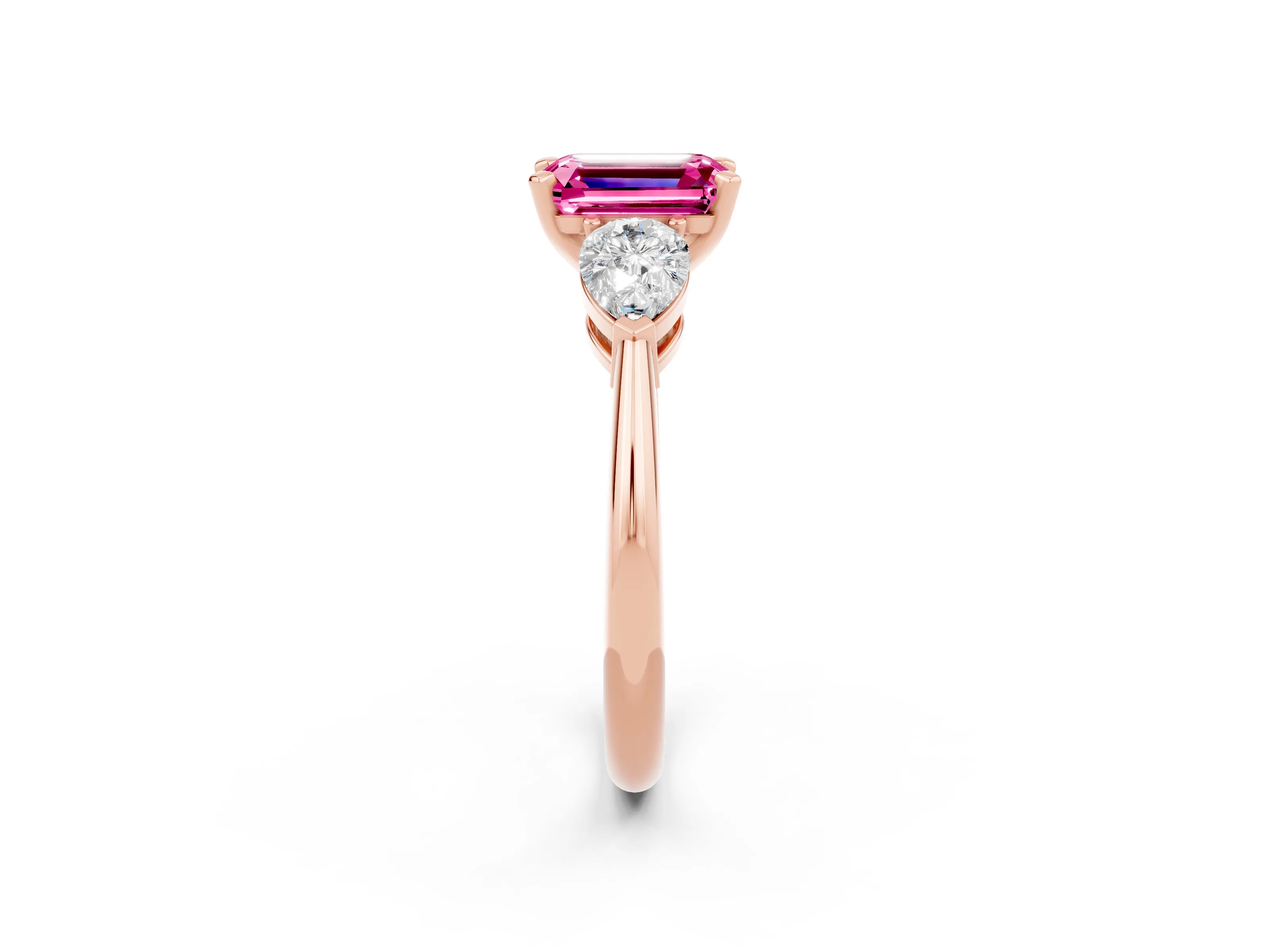 Rose gold Three-Stone Emerald Cut Pink Sapphire Ring with Pear Side Stones and Four-Prong Setting_26
