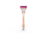 Rose gold Three-Stone Emerald Cut Pink Sapphire Ring with Pear Side Stones and Four-Prong Setting_26