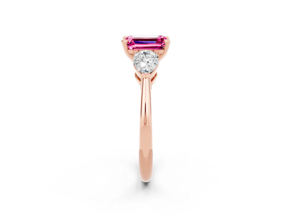 Rose gold Three-Stone Emerald Cut Pink Sapphire Ring with Pear Side Stones and Four-Prong Setting
