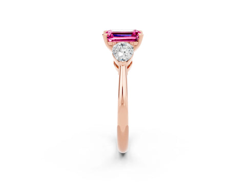 Rose gold Three-Stone Emerald Cut Pink Sapphire Ring with Pear Side Stones and Four-Prong Setting_26