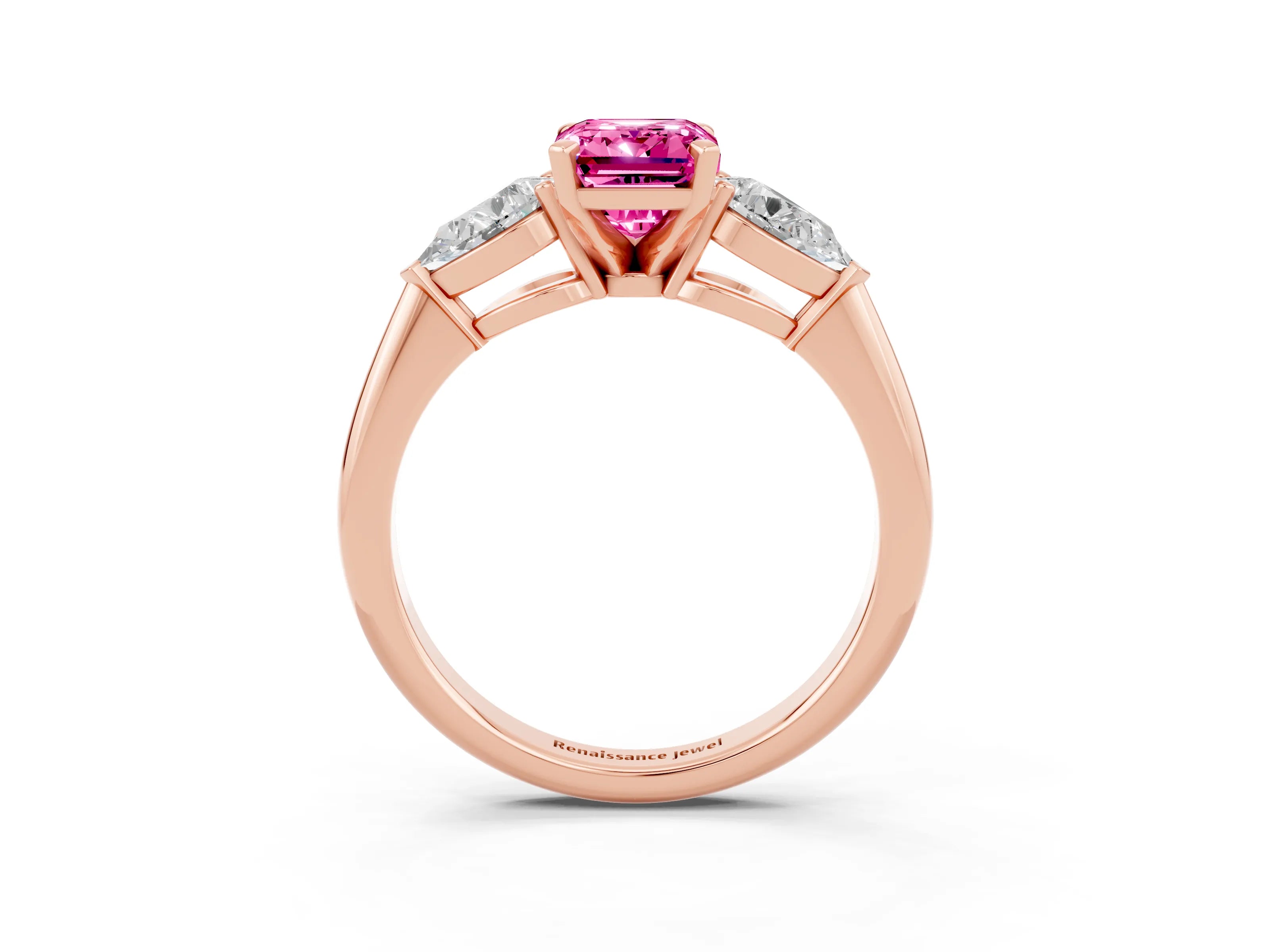 Rose gold Three-Stone Emerald Cut Pink Sapphire Ring with Pear Side Stones and Four-Prong Setting_27
