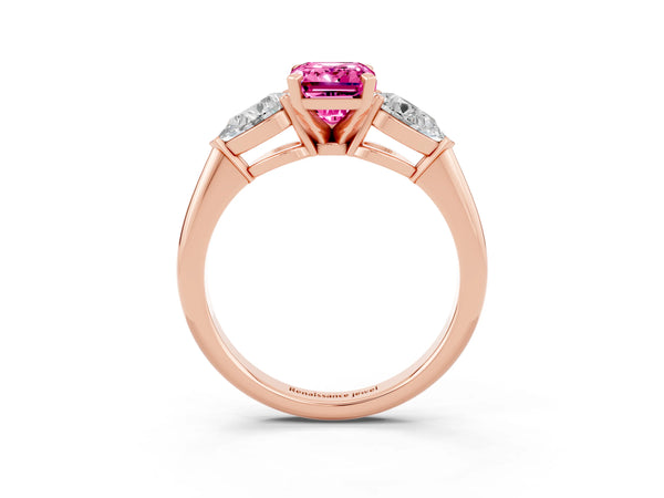 Rose gold Three-Stone Emerald Cut Pink Sapphire Ring with Pear Side Stones and Four-Prong Setting