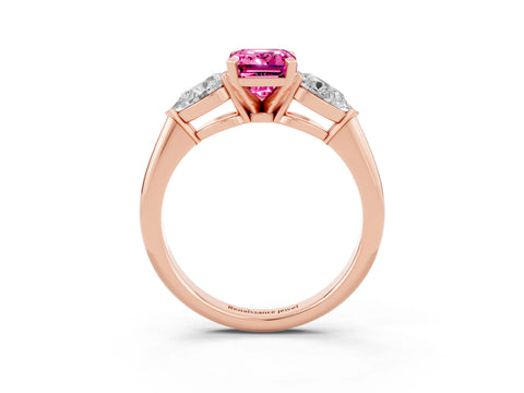 Rose gold Three-Stone Emerald Cut Pink Sapphire Ring with Pear Side Stones and Four-Prong Setting_27