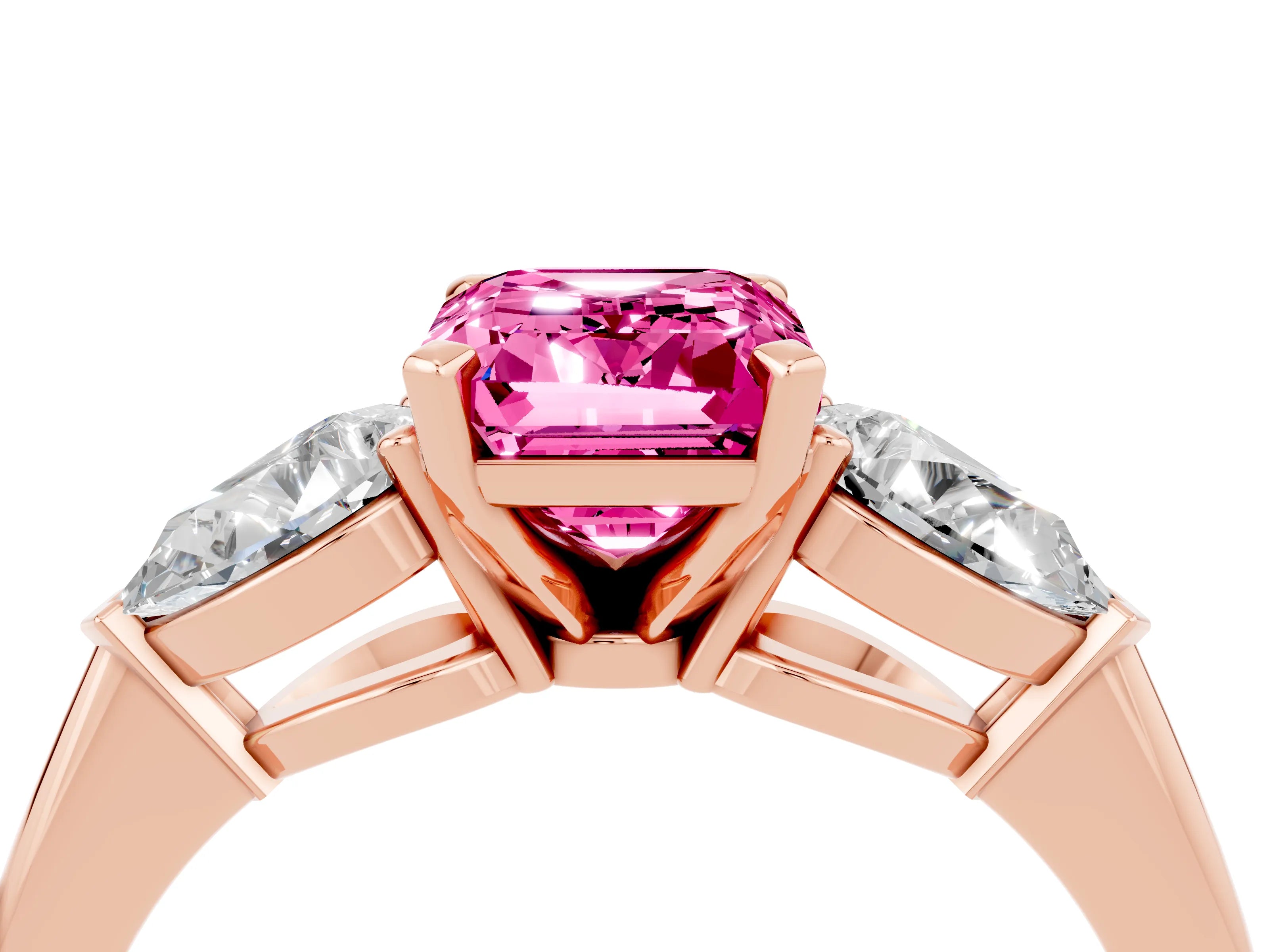 Rose gold Three-Stone Emerald Cut Pink Sapphire Ring with Pear Side Stones and Four-Prong Setting_28