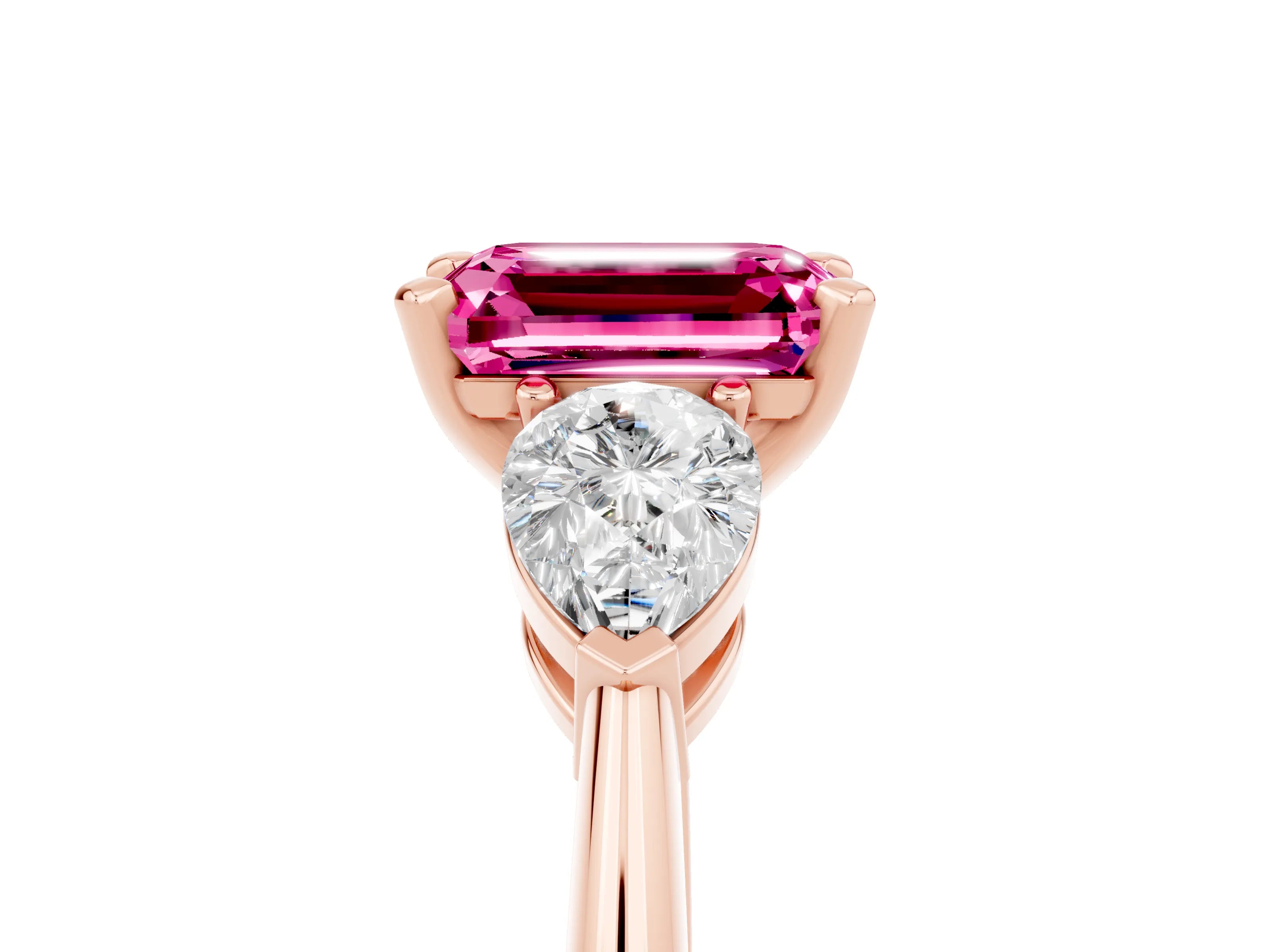 Rose gold Three-Stone Emerald Cut Pink Sapphire Ring with Pear Side Stones and Four-Prong Setting_29