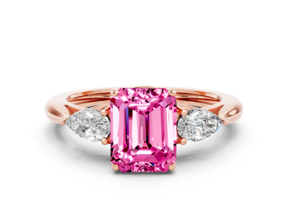 Rose gold Three-Stone Emerald Cut Pink Sapphire Ring with Pear  Side Stones in Four-Prong Setting_12