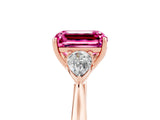 Rose gold Three-Stone Emerald Cut Pink Sapphire Ring with Pear  Side Stones in Four-Prong Setting_17