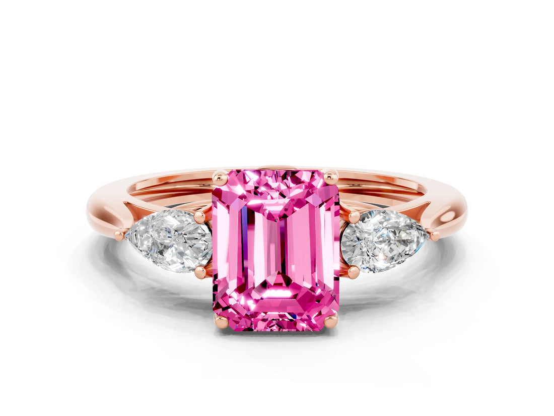 Rose gold Three-Stone Emerald Cut Pink Sapphire Ring with Pear  Side Stones in Four-Prong Setting_36