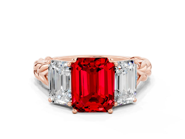 Rose gold Three-Stone Emerald Cut Ruby Braided Band Ring with Four-Prong Setting