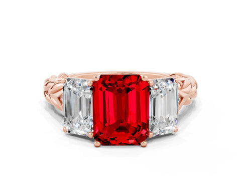 Rose gold Three-Stone Emerald Cut Ruby Braided Band Ring with Four-Prong Setting_36