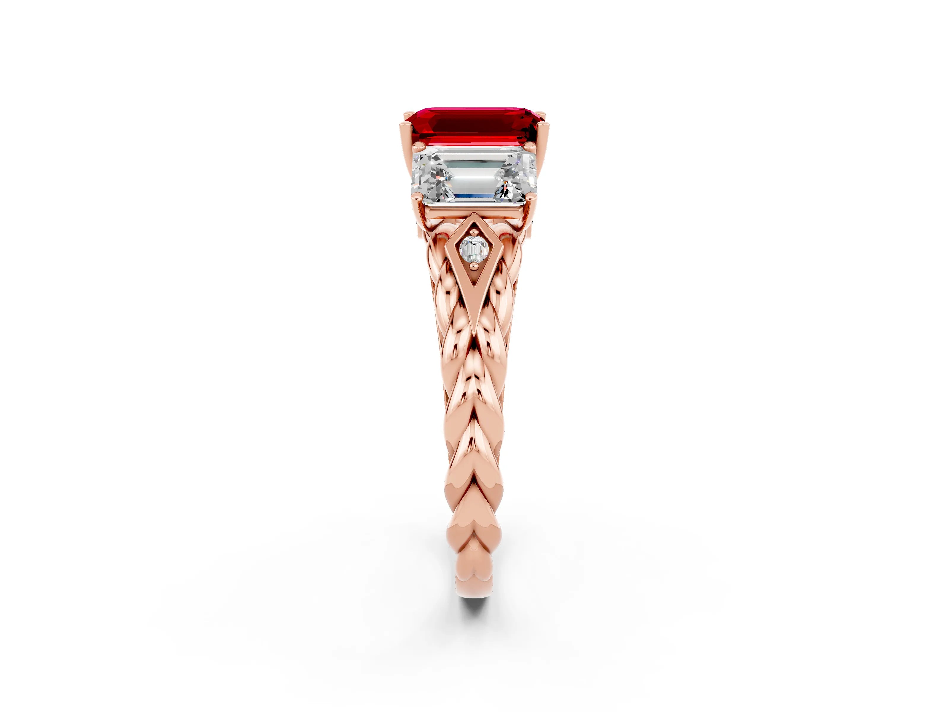Rose gold Three-Stone Emerald Cut Ruby Braided Band Ring with Four-Prong Setting_38