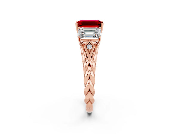 Rose gold Three-Stone Emerald Cut Ruby Braided Band Ring with Four-Prong Setting