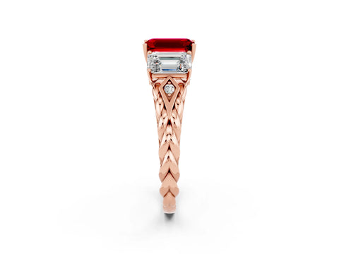 Rose gold Three-Stone Emerald Cut Ruby Braided Band Ring with Four-Prong Setting_38