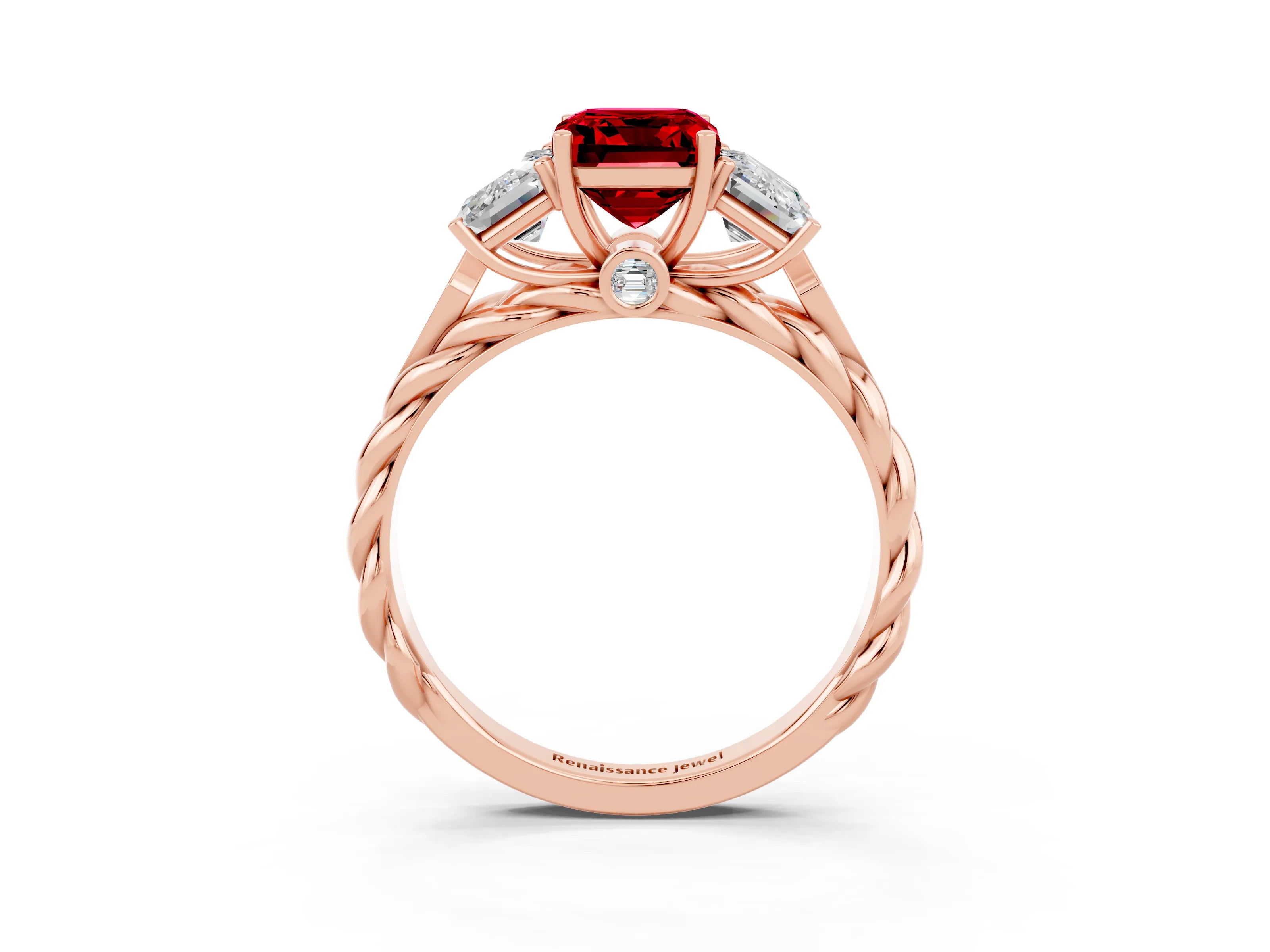 Rose gold Three-Stone Emerald Cut Ruby Braided Band Ring with Four-Prong Setting_39