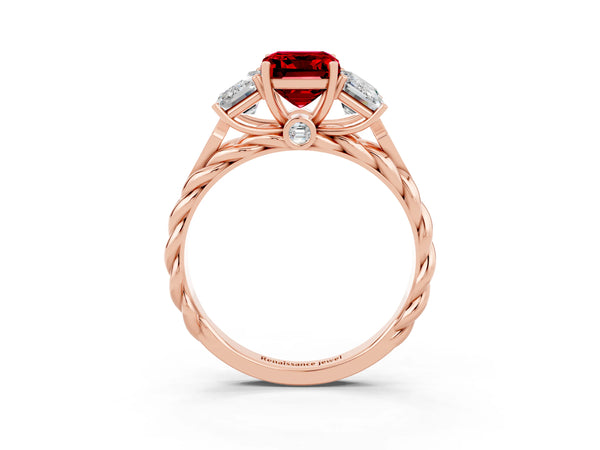 Rose gold Three-Stone Emerald Cut Ruby Braided Band Ring with Four-Prong Setting