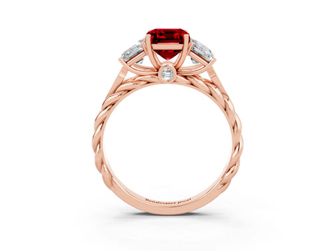 Rose gold Three-Stone Emerald Cut Ruby Braided Band Ring with Four-Prong Setting_39