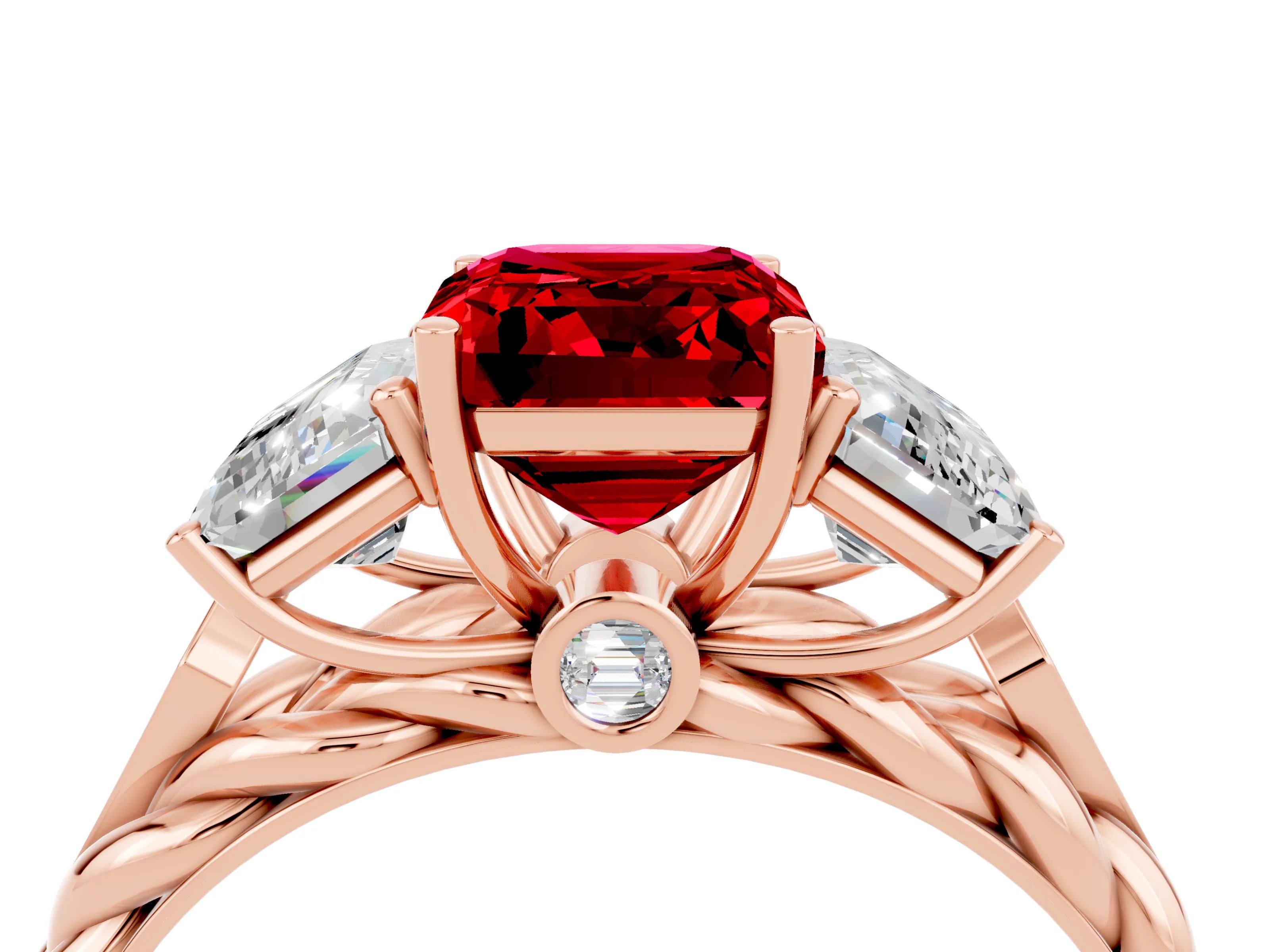 Rose gold Three-Stone Emerald Cut Ruby Braided Band Ring with Four-Prong Setting_40