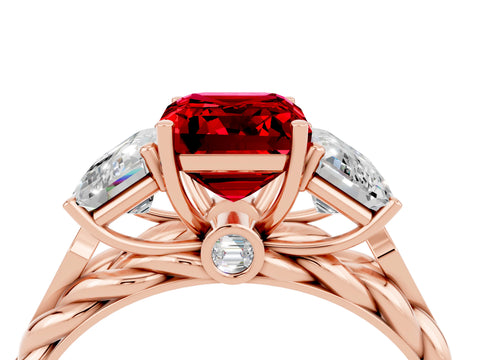 Rose gold Three-Stone Emerald Cut Ruby Braided Band Ring with Four-Prong Setting_40