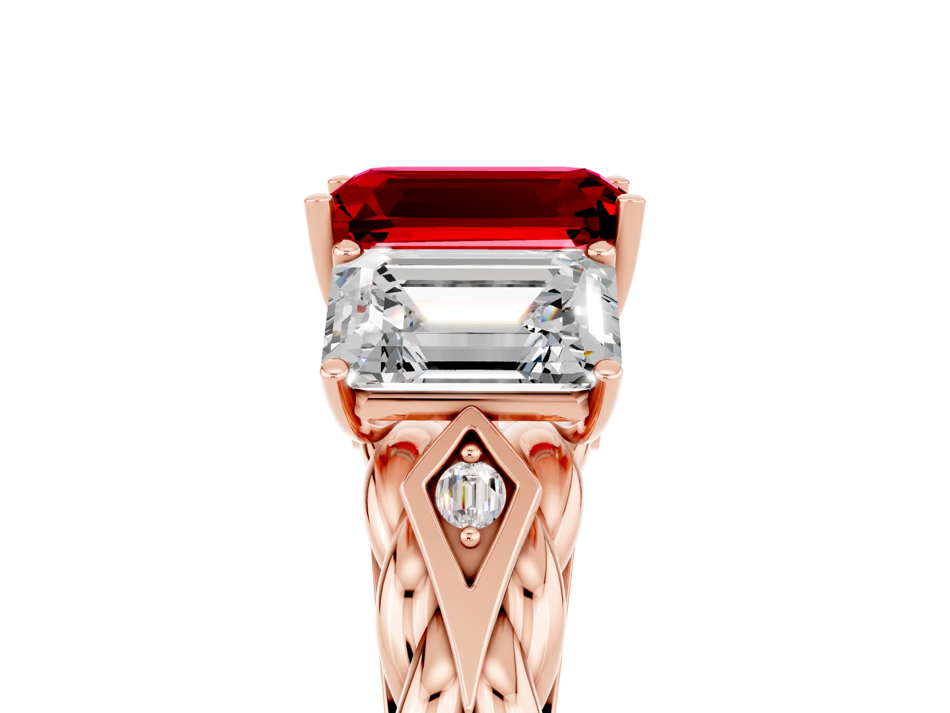 Rose gold Three-Stone Emerald Cut Ruby Braided Band Ring with Four-Prong Setting_41