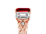 Rose gold Three-Stone Emerald Cut Ruby Braided Band Ring with Four-Prong Setting_41
