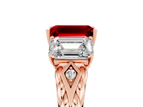 Rose gold Three-Stone Emerald Cut Ruby Braided Band Ring with Four-Prong Setting_41