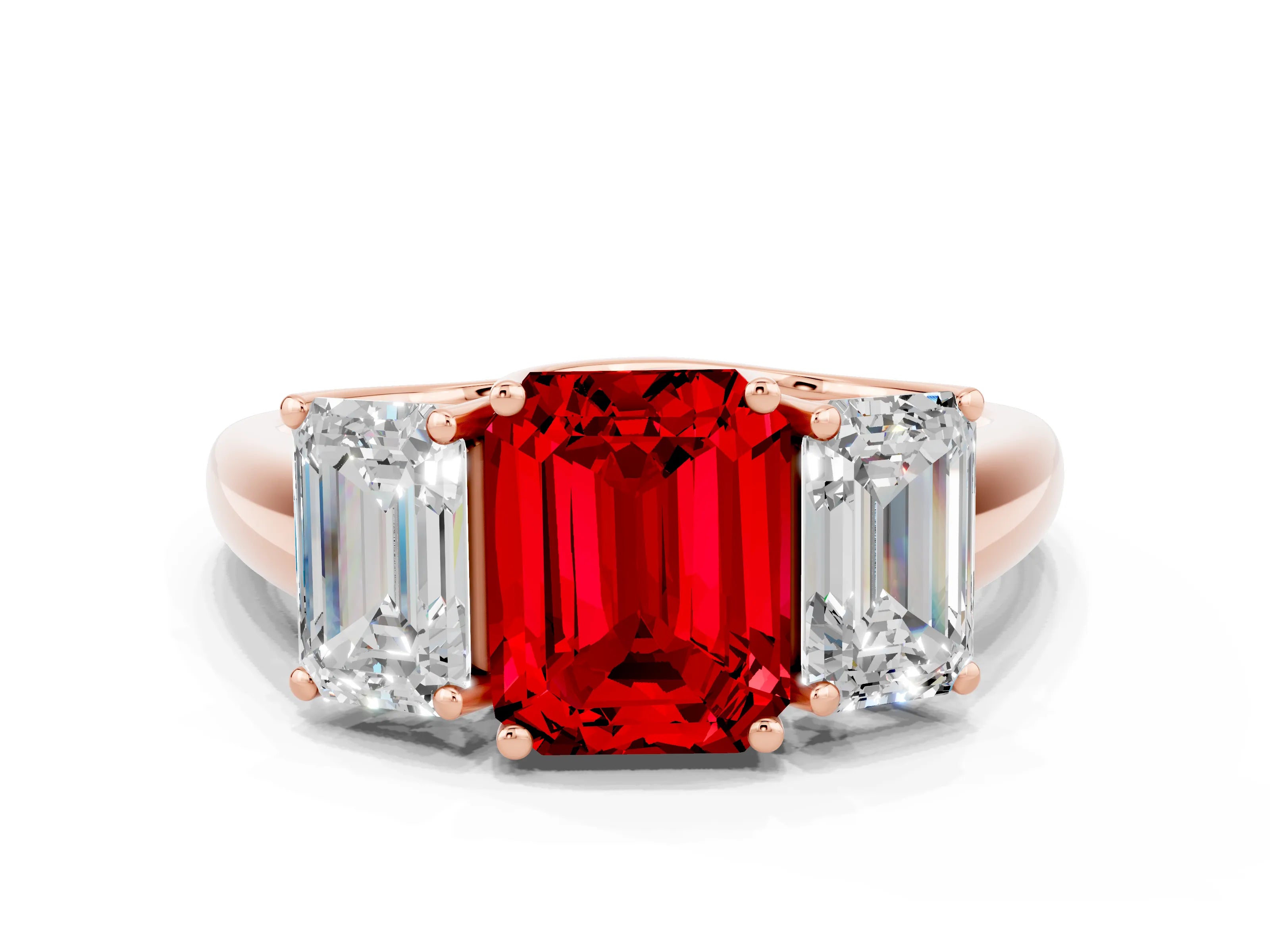 Rose gold Three-Stone Emerald Cut Ruby Engagement Ring with Prong Setting
