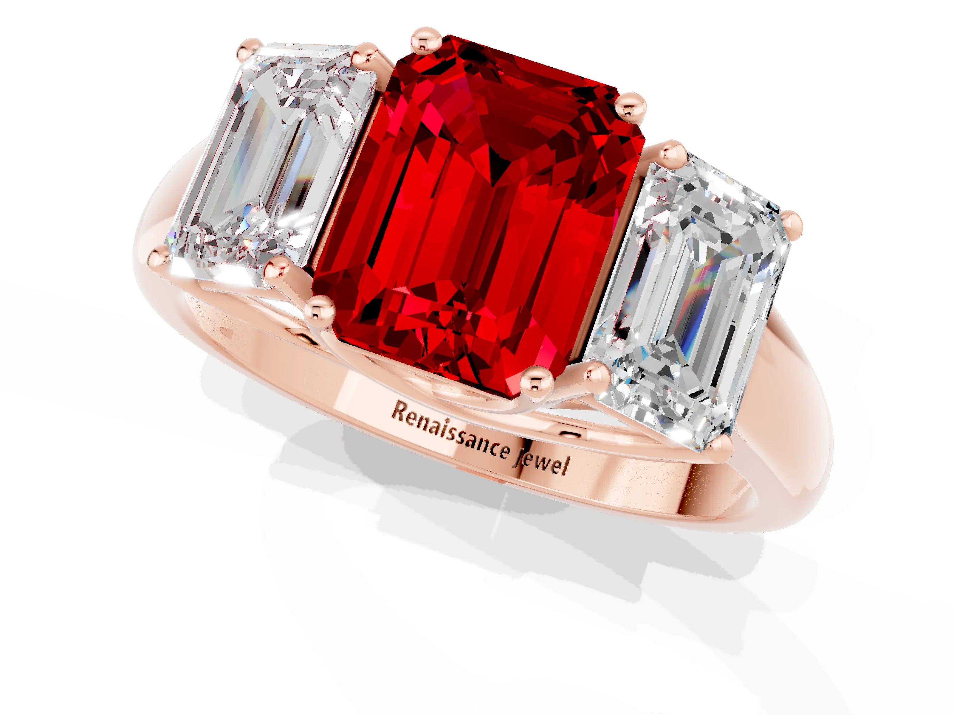 Rose gold Three-Stone Emerald Cut Ruby Engagement Ring with Prong Setting_1