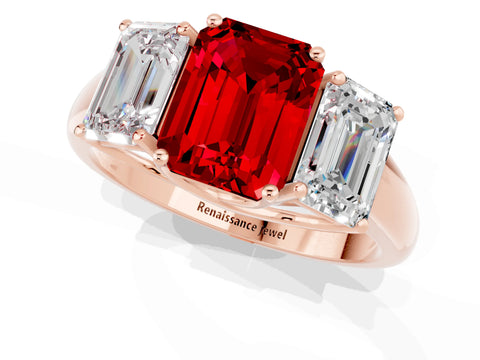 Rose gold Three-Stone Emerald Cut Ruby Engagement Ring with Prong Setting_1
