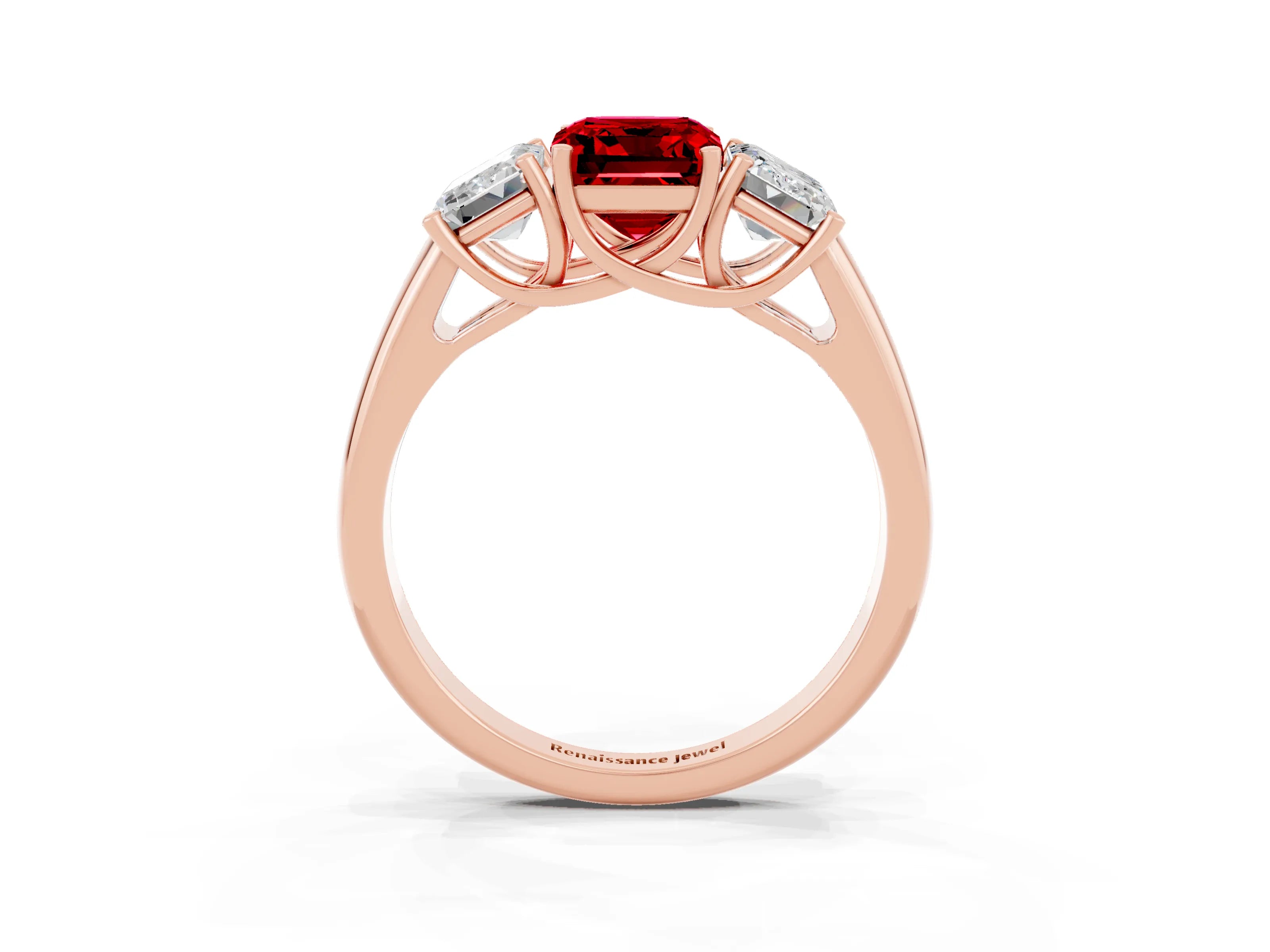 Rose gold Three-Stone Emerald Cut Ruby Engagement Ring with Prong Setting_3