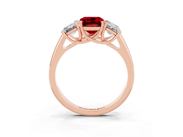 Rose gold Three-Stone Emerald Cut Ruby Engagement Ring with Prong Setting