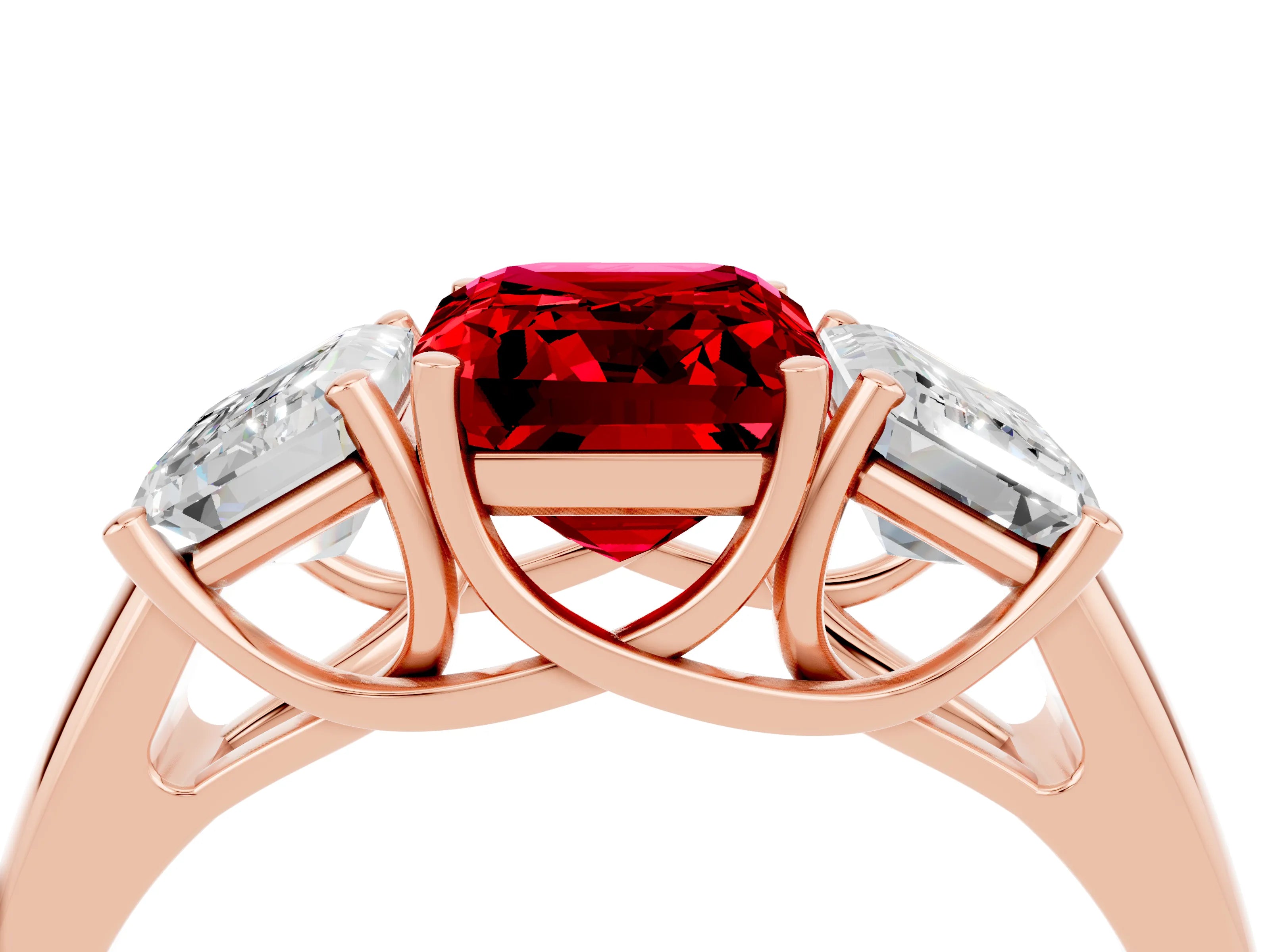 Rose gold Three-Stone Emerald Cut Ruby Engagement Ring with Prong Setting_4