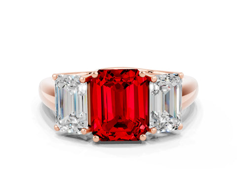 Rose gold Three-Stone Emerald Cut Ruby Engagement Ring with Prong Setting